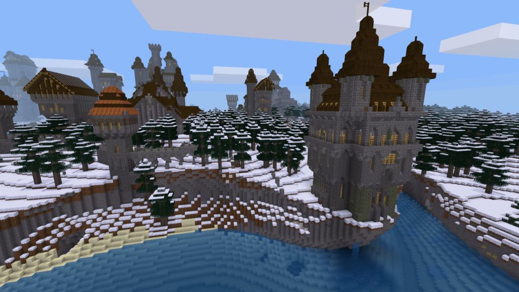 Eine beispielhafte Minetest-Welt mit Wasser, Strand, Burg und weiteren Gebäuden und Landschaft im Hintergrund