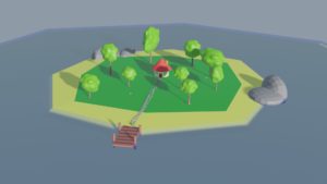 Insel mit Haus, Steg und Bäumen