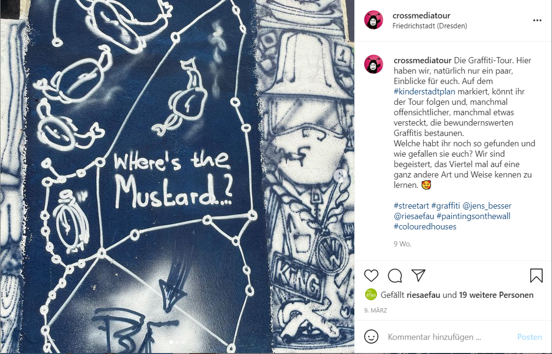 Screenshot aus dem Instagram-Kanal der CrossMedia Tour zum Kinderstadtplan Friedrichstadt. Zu sehen ist ein Graffiti an einer Hauswand das Sternenbilder und die Frage "Where's the Mustard?".