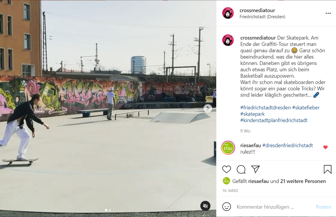 Screenshot aus dem Instagram-Kanal der CrossMedia Tour zum Kinderstadtplan Friedrichstadt. Zu sehen sind der Skatepark und skatende Jugendliche.