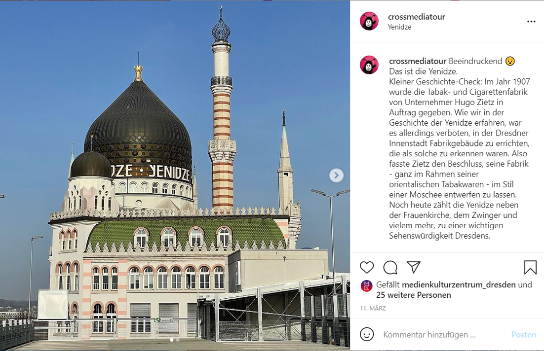 Screenshot aus dem Instagram-Kanal der CrossMedia Tour zum Kinderstadtplan Friedrichstadt. Zu sehen ist die Yenidze mit ihrer großen Kuppel und den hohen Türmen.