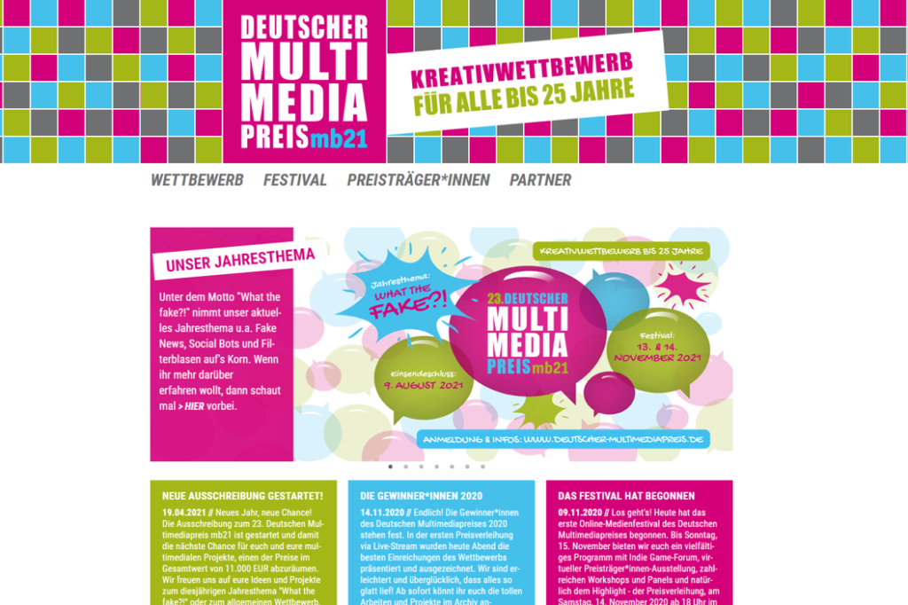 Screenshot der Website des Deutschen Multimediapreises mb21. Zu sehen ist die Bewerbung der aktuellen Ausschreibung zum Wettbewerb